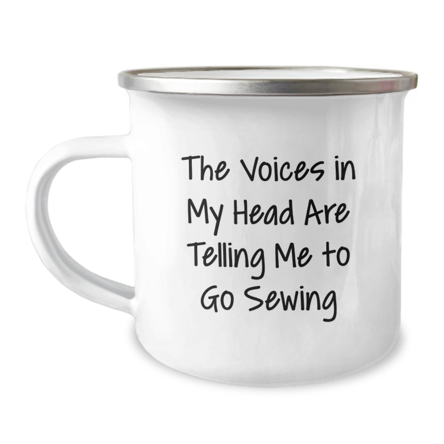 Sewing Enthusiasts' Funny Birthday Unique Gifts from Friends - The Voices In My Head Are Telling Me To Go Sewing, 12 oz Camping Mug for Women, Men, Family, and Coworkers - Image 1