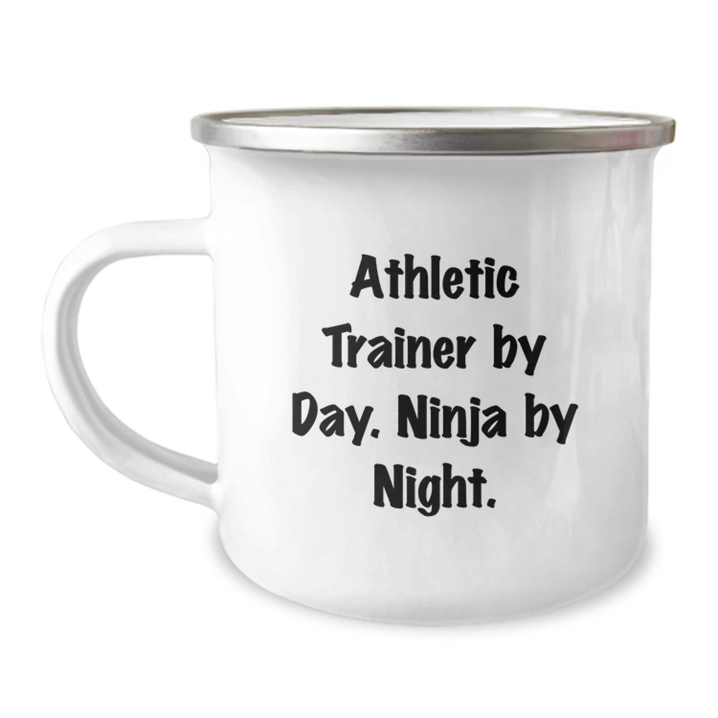 Athletic Trainer Gifts, Funny Mug for Birthday, 'Athletic Trainer By Day. Ninja By Night.' Enamel Camping Mug for Men or Women, Gifts from Friends or Family - Image 1
