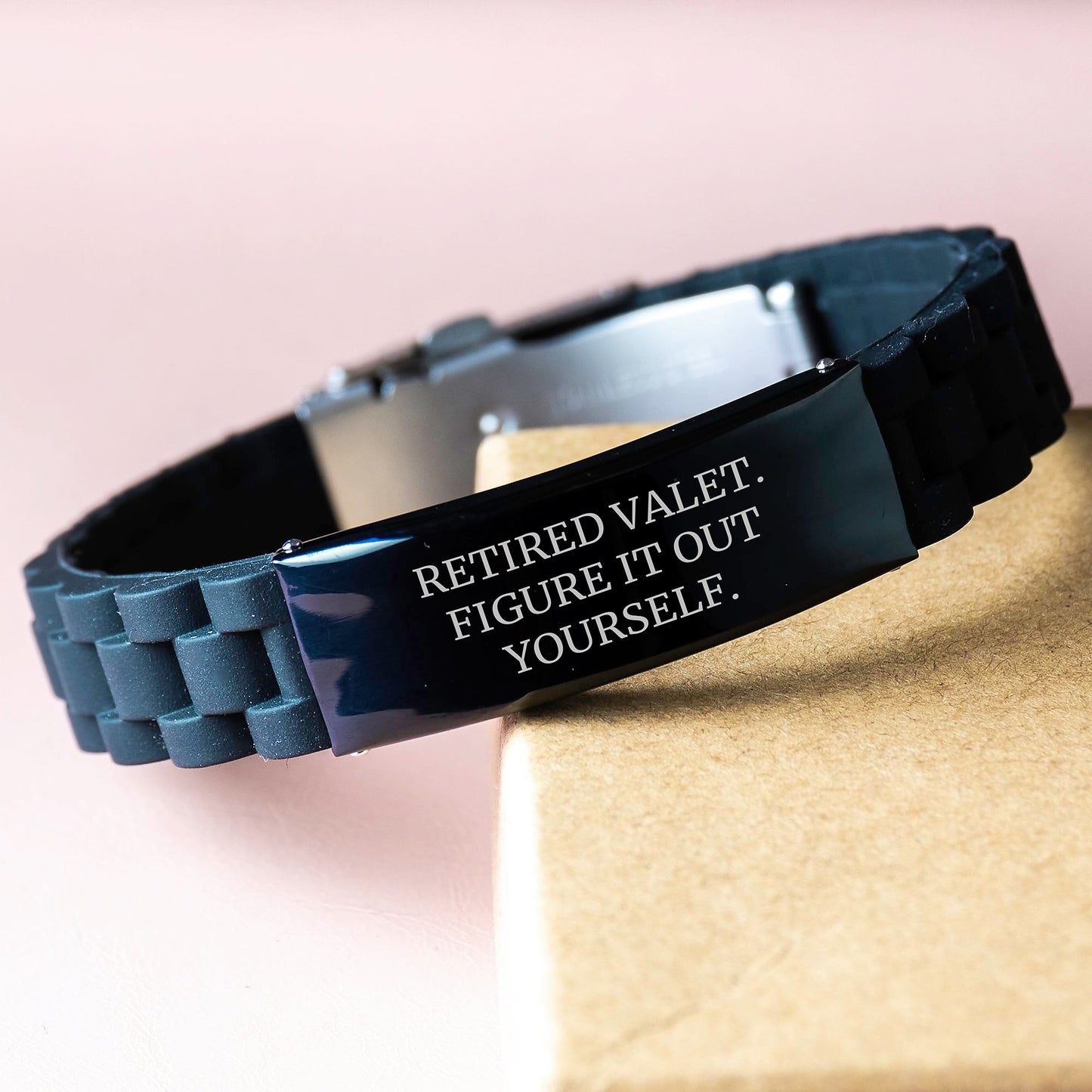 Valet Retirement Gifts from Friends - Funny Quote Glide lock Clasp Birthday Jewelry for Men, Women, or Coworkers - Adjustable Silicone and Stainless Steel Black - Image 3