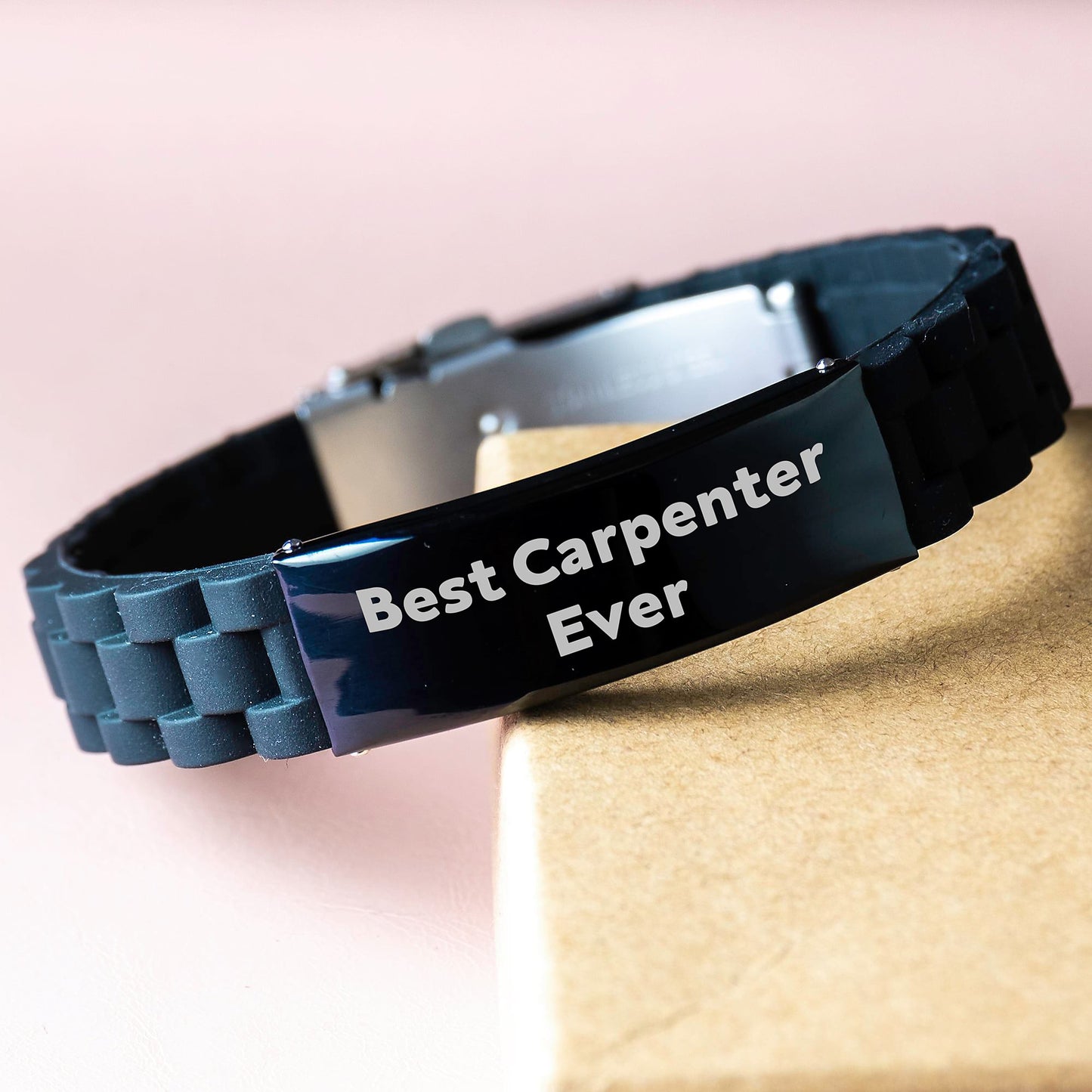 Carpenters' Dream Gift from Friends and Family, Best Carpenter Ever Quote, Adjustable Glide lock Clasp Black Stainless Steel Silicone Bracelet for Birthday - Image 3