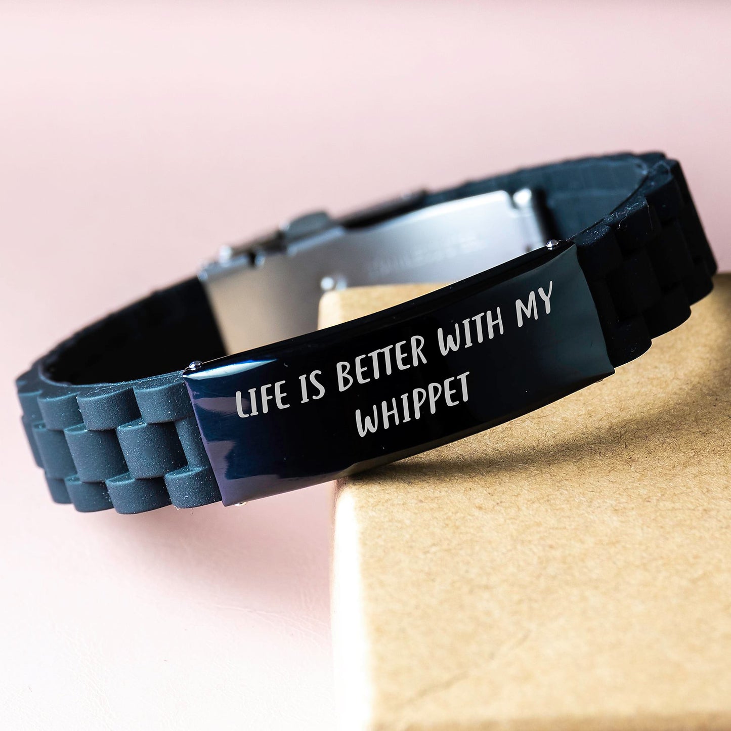 Whippet Dog Lovers' Delight, Life Is Better With My Whippet Funny Gift, Adjustable Glide lock Clasp Black Stainless Steel Silicone Birthday Present from Family to Friends - Image 3
