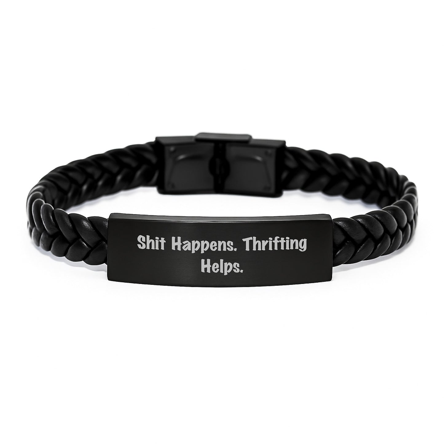 'Shit Happens. Thrifting Helps.' Funny Thrifting Gifts for Men, Women, Friends, Coworkers, and Family - Interlaced Leather Graduation Unique Gifts from Thrifting Enthusiasts - Image 1