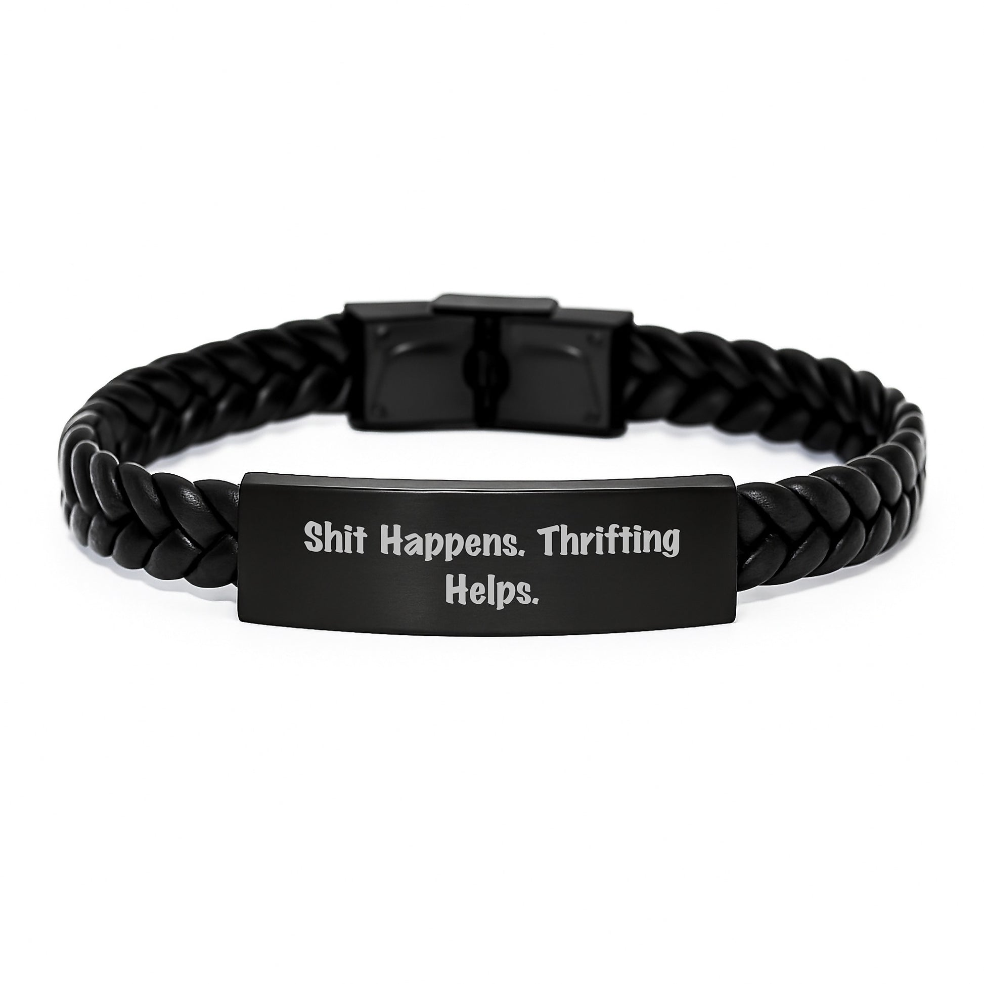 'Shit Happens. Thrifting Helps.' Funny Thrifting Gifts for Men, Women, Friends, Coworkers, and Family - Interlaced Leather Graduation Unique Gifts from Thrifting Enthusiasts - Image 1