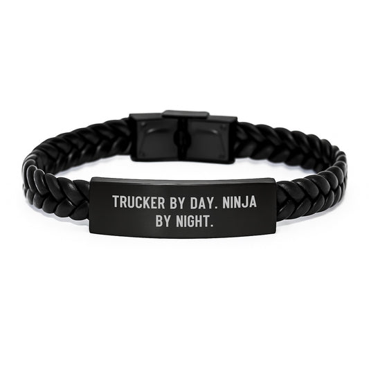 Trucker Gifts for Men, Trucker By Day. Ninja By Night. Interlaced Leather Bracelet, Birthday Unique Present from Friends or Family - Image 1