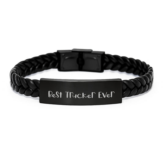 Trucker Gifts from Friends - Best Trucker Ever Interlaced Leather Bracelet, Graduation Unique Gifts for Men, Inspirational Quote - Image 1