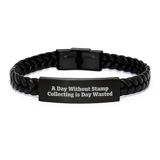 Stamp Collecting Inspirational Gifts for Men from Family, Unique Interlaced Leather Bracelets for Graduation, 'A Day Without Stamp Collecting Is Day Wasted' - Image 1