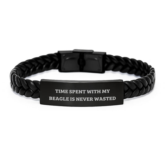 Beagle Dog Lover's Interlaced Leather Bracelet Gifts, Funny Quote 'Time Spent With My Beagle Is Never Wasted' Birthday Presents from Friends, Family, Coworkers - Gifts for Beagle Dog Owners - Image 1