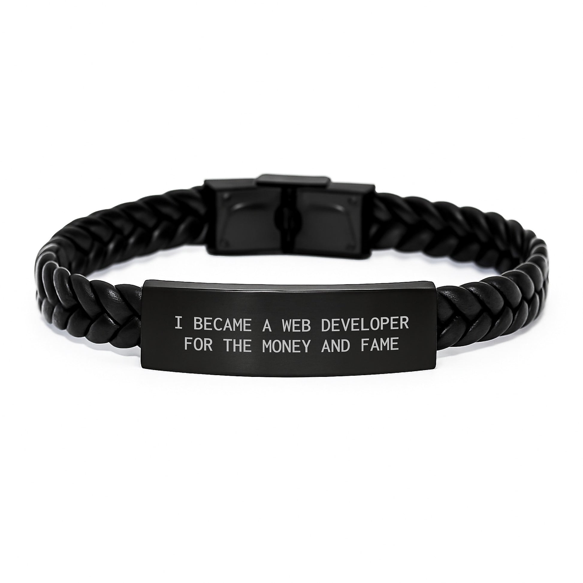 Web Developer Gifts, Funny Quote Interlaced Leather Bracelet for Men, Unique Graduation Gifts from Friends, Coworkers, Family - 'I Became A Web Developer For The Money And Fame' - Image 1