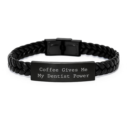 'Coffee Gives Me My Dentist Power' Interlaced Leather Bracelet, Gifts from Friends for Birthday, Unique Dentist Gifts, Stainless Steel and PU Leather Combination, 7.87 inches - Image 1