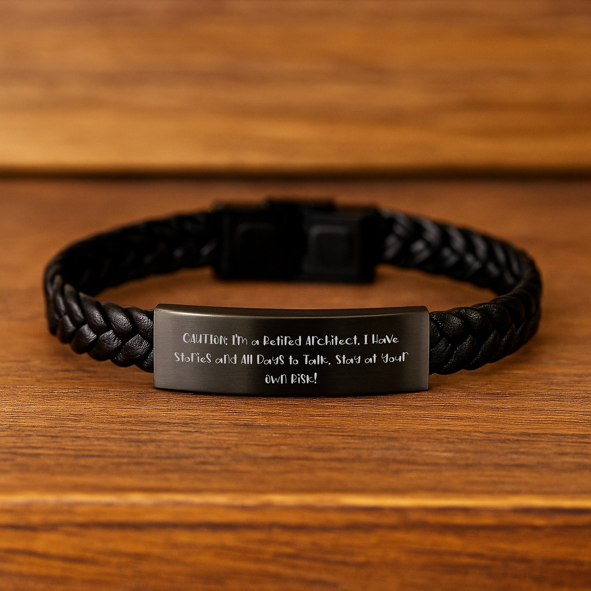 Architect's Gift: Funny Interlaced Leather Bracelet - 'Caution: I'm A Retired Architect...' - Sent from Coworkers, for Architects, Graduation Unique Gifts - Image 2