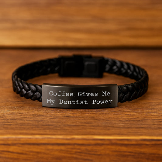 'Coffee Gives Me My Dentist Power' Interlaced Leather Bracelet, Gifts from Friends for Birthday, Unique Dentist Gifts, Stainless Steel and PU Leather Combination, 7.87 inches - Image 2