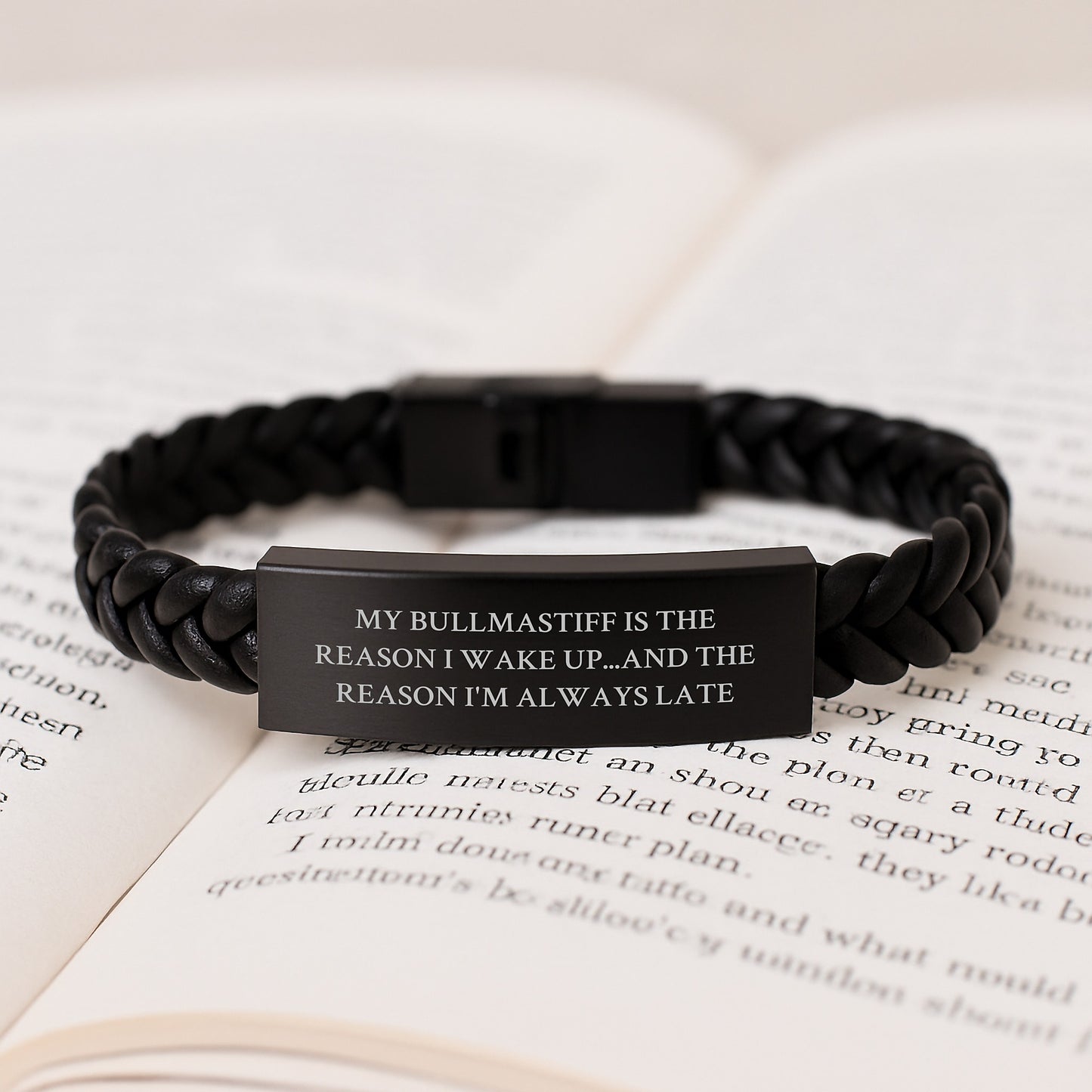 Funny Bullmastiff Dog Gifts for Men from Friends - Birthday Unique Interlaced Leather Bracelte - My Bullmastiff Is The Reason I Wake Up...and The Reason I'm Always Late - Image 3