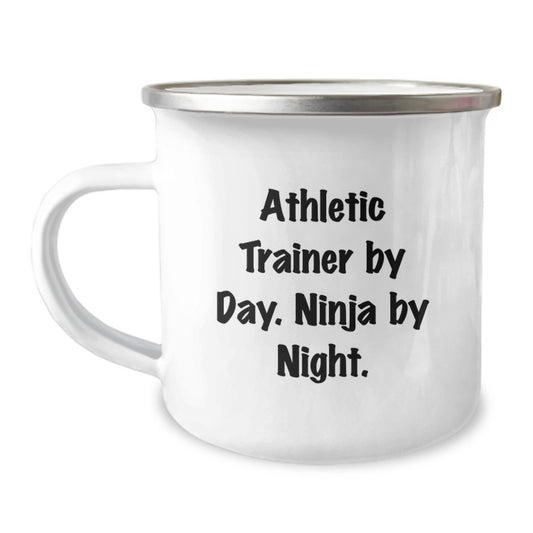 Athletic Trainer Gifts, Funny Mug for Birthday, 'Athletic Trainer By Day. Ninja By Night.' Enamel Camping Mug for Men or Women, Gifts from Friends or Family - Image 1