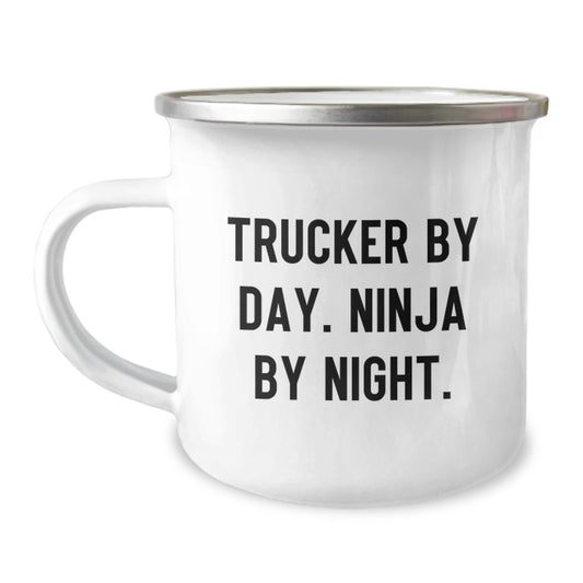 Trucker Gifts from Friends - Trucker By Day Ninja By Night Camping Mug, Birthday Unique Gifts for Trucker, Funny Quote Mugs for Men, Camping Mug for Truckers - Image 1