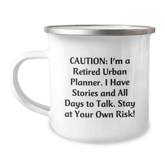 Urban Planner Gifts from Friends, Funny Camping Mug for Graduation, Caution: Stories Ahead! - Image 1