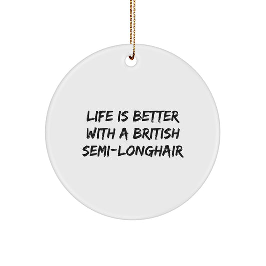 British Semi-Longhair Cat Gifts from Friends, Circle Ornament with Life Is Better Quote, Christmas Unique Treasures - Image 1