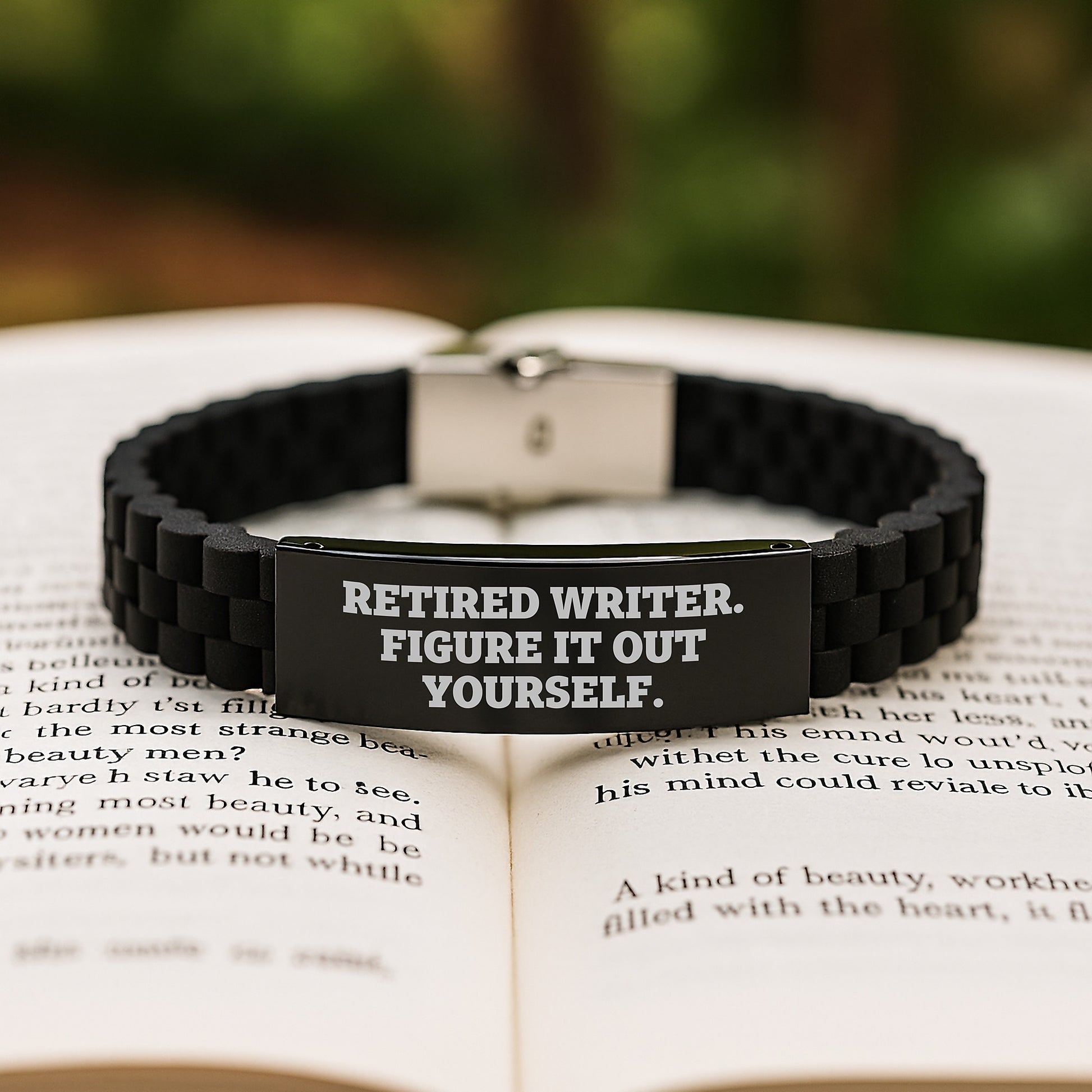 Writer's Funny Quote Glide lock Clasp Birthday Unique Gifts from Friends, Gifts for Writer, Retired Writer Figure It Out Yourself, Adjustable Black Silver Stainless Steel Silicone Clasp - Image 2