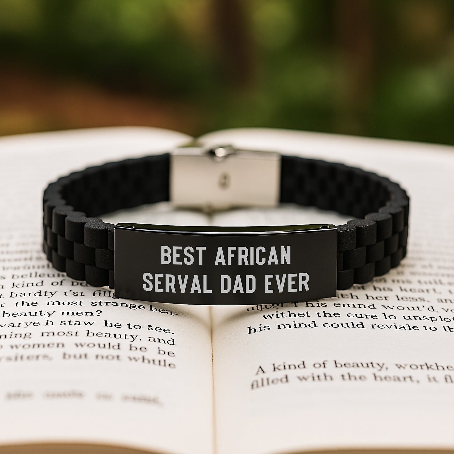 African Serval Cat Lovers Gifts from Mom to Graduating Son, Funny Quote Best Dad Ever, Glide lock Clasp Adjustable Black Stainless Steel Silicone - Image 2
