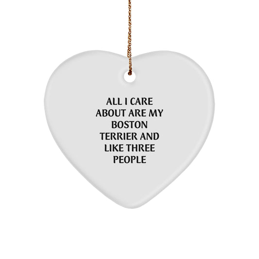Boston Terrier Dog Love Gifts from Friends, Family, or Coworkers - 'All I Care About Are My Boston Terrier And Like Three People' Christmas Heart Ornament - Image 1