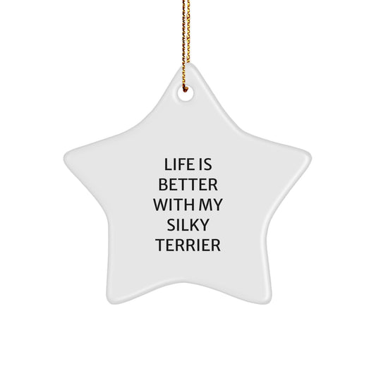 Silky Terrier Dog Lover Gifts from Family, 'Life Is Better With My Silky Terrier' Star Ornament for Christmas - Image 1